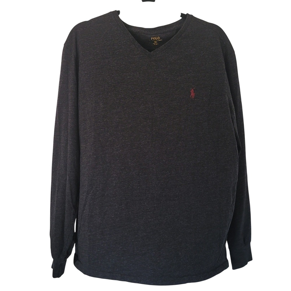 Polo Ralph Lauren T-Shirt Mens XL Gray V-Neck Long Sleeve Cotton Pony Logo